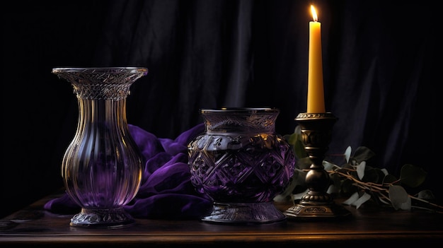 A candle in a glass vase sits on a table with a purple cloth behind it.