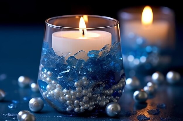 A candle in a glass with blue and white pearls.