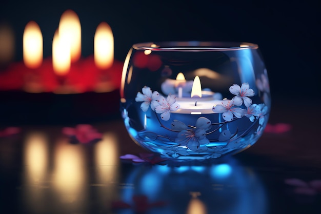 A candle in a glass with flowers on it