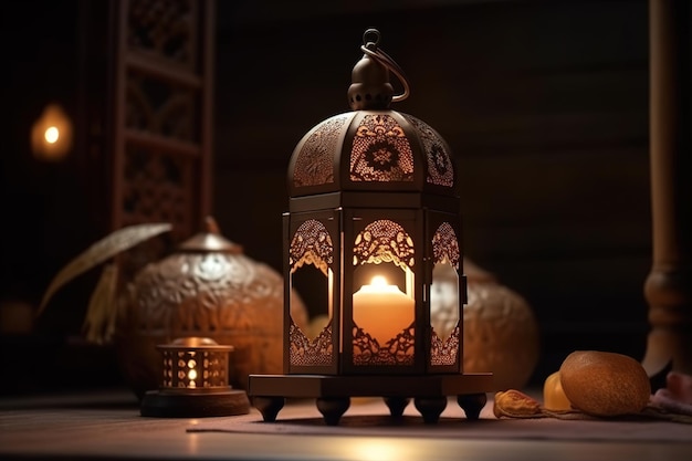 A candle in a gold lantern sits on a table with other decorative objects.