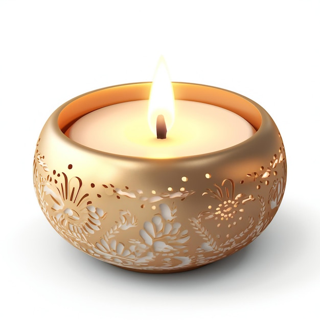 A candle in a golden holder on a white background