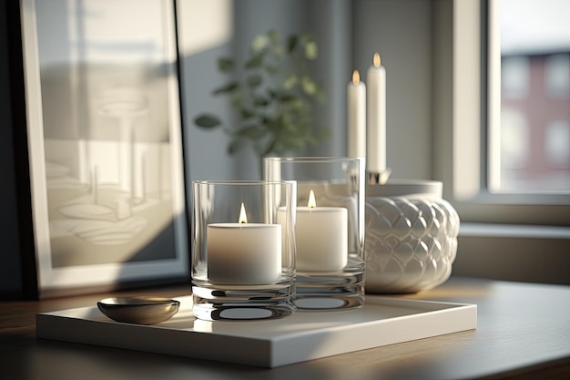 A candle holder with a candle in it sits on a table in front of a window.