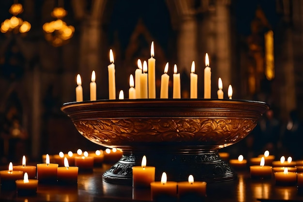 A candle holder with a golden plate of candles in front of a cathedral.