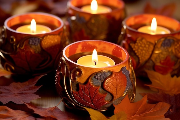 A candle holder with maple leaves on it