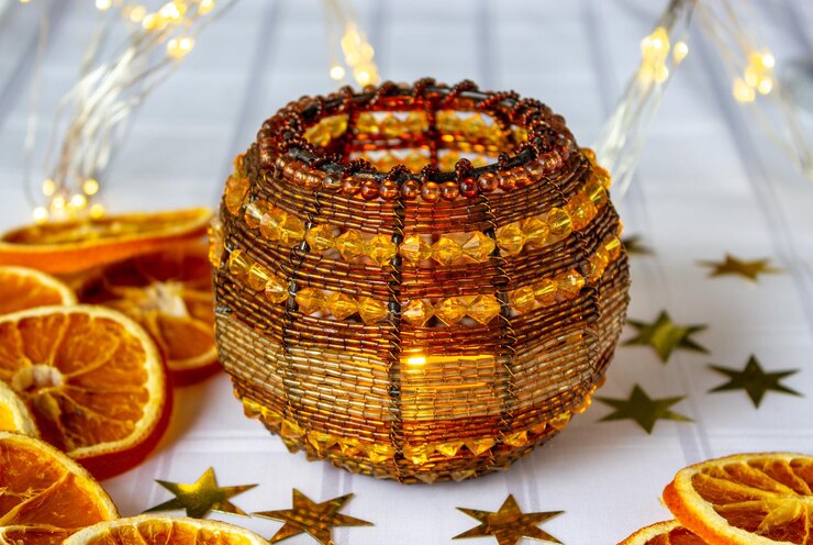 Photo candle holder with orange slices stars and christmas lights