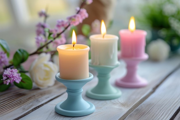 Candle holders with pastel candles and spring decor Generative AI