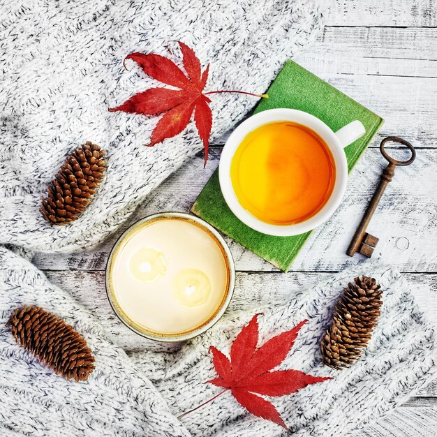 Photo candle and hot drink overhead view