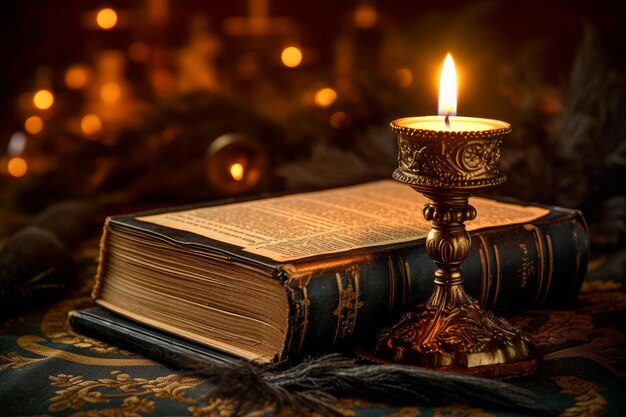 A candle is lit on a book by a christmas tree.