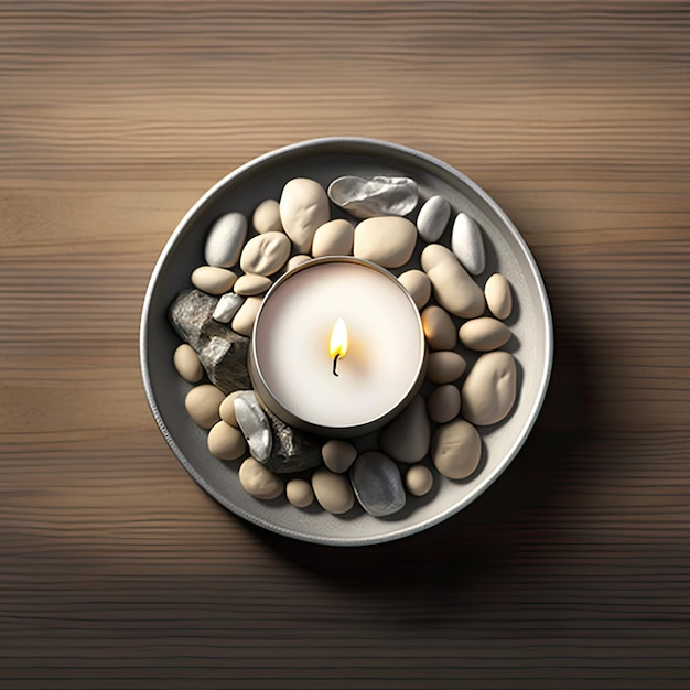 A candle is lit in a bowl of pebbles and pebbles.