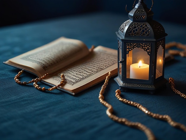 Photo a candle is lit on a dark blue cloth with a candle in it