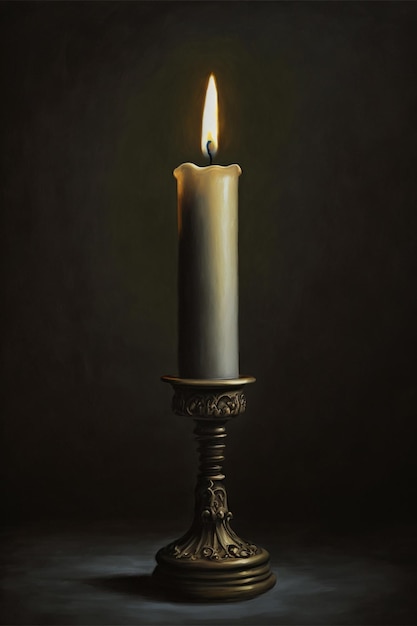 A candle is lit in the dark and has a yellow flame on it.