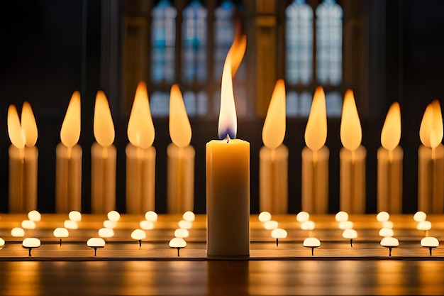 a candle is lit in front of a church with candles in the middle.