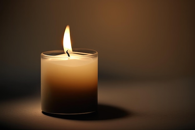 A candle is lit in front of a dark background.