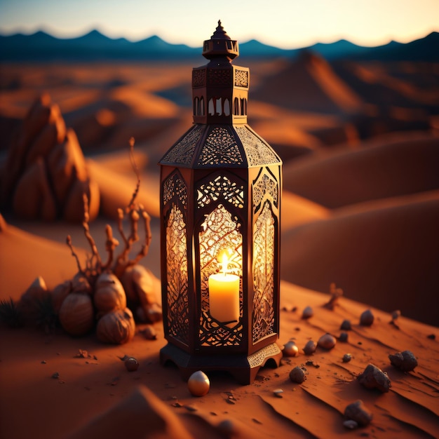 A candle is lit in front of a desert scene
