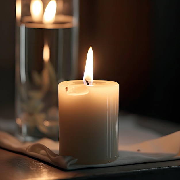 A candle is lit and is on a table with a glass of water.