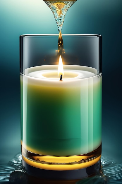 A candle is lit up with a blue background under the water