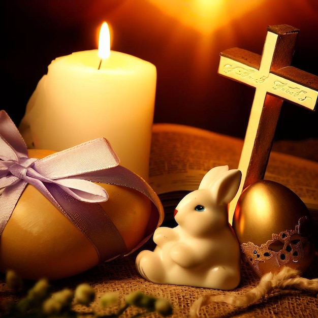 A candle is lit with a bunny and a cross.