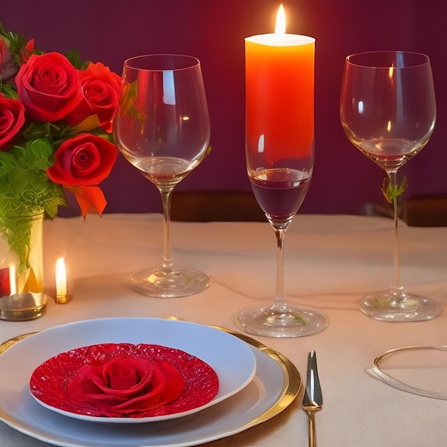 A candle is next to a plate of roses.