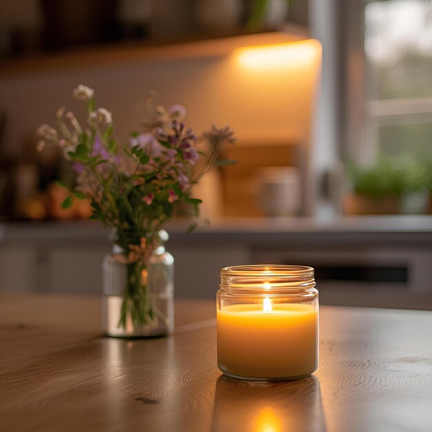 A candle is sitting on a table next to a vase with flowers in it and a light on the table