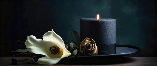 A candle is standing beside another white flower