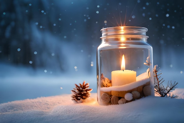 A candle in a jar with a pine cone on the bottom