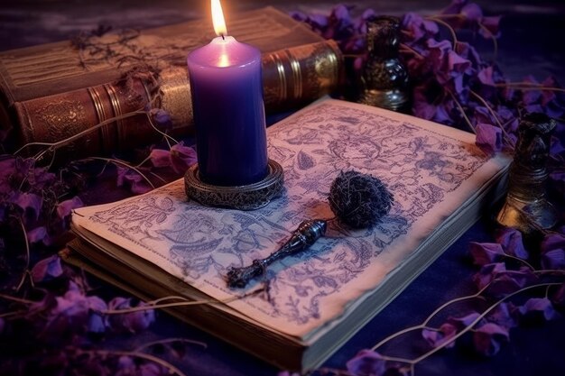 A candle and a key on a book with a purple background.