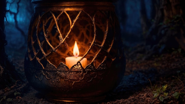 A candle in a lantern lit up at night