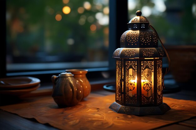 Photo candle and lantern with coffee on a table