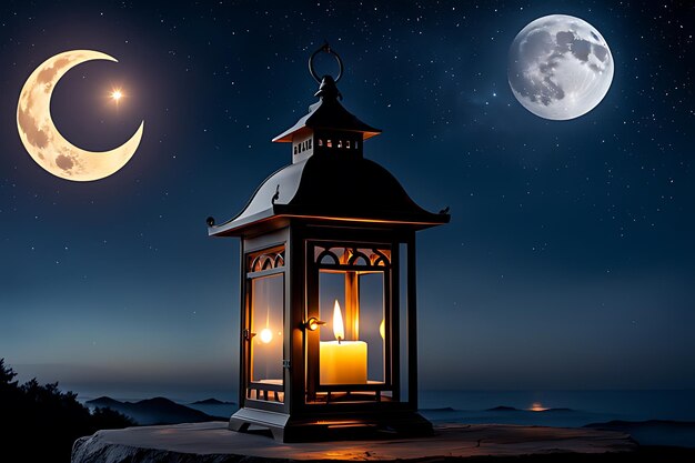 a candle in a lantern with a moon in the background