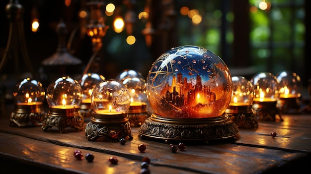 Фото Свет свечей с горящими свечами на деревянном столе, концепция рождества и нового года