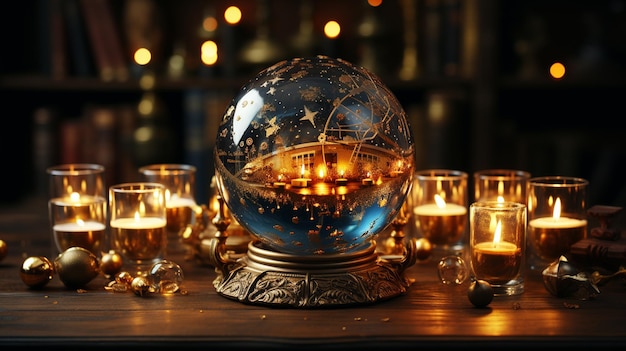 Photo candle light with burning candles on wooden table christmas and new year concept