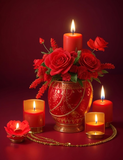 Photo candle light with a red gradient background for the diwali festival arrangement ai generated image