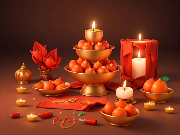 Photo candle light with a red gradient background for the diwali festival arrangement ai generated image