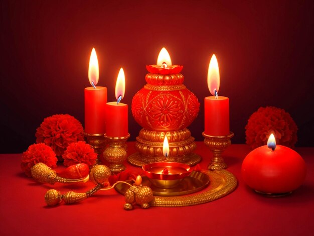 Photo candle light with a red gradient background for the diwali festival arrangement ai generated image