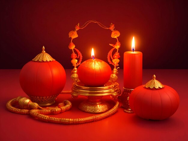 Photo candle light with a red gradient background for the diwali festival arrangement ai generated image