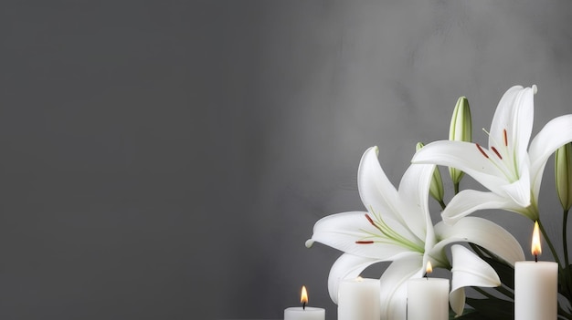 A candle and a lily on a table