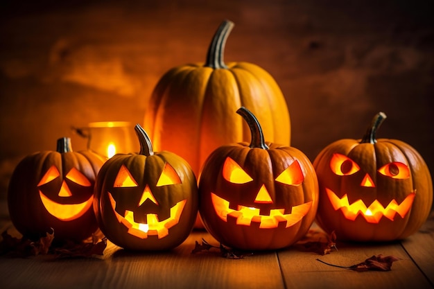 Candle lit Halloween pumpkins Generative AI