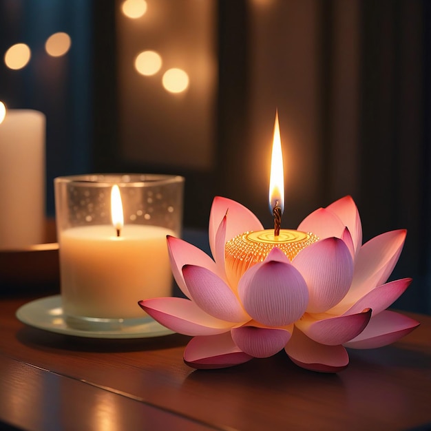 Photo a candle and a lotus flower on a table