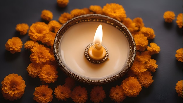 Candle and marigold flowers on black background Happy Diwali