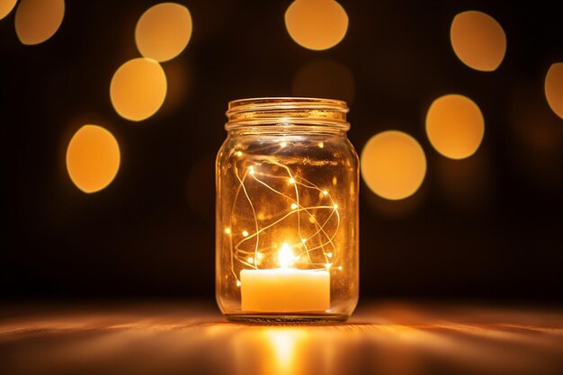 Candle in a mason jar with fairy lights