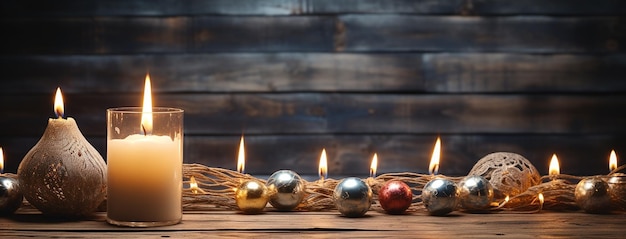 Candle night background Christmas banner with candles and balls on a wooden textured rustic table