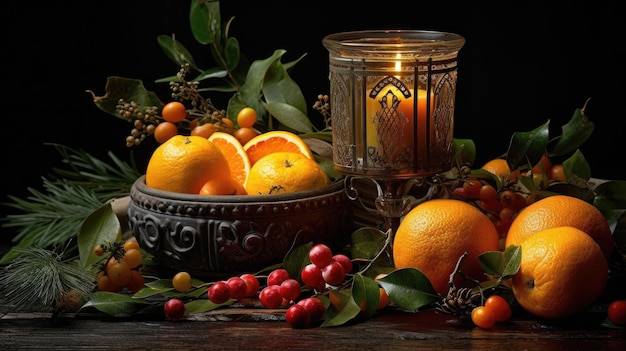 A candle and oranges are on a table.