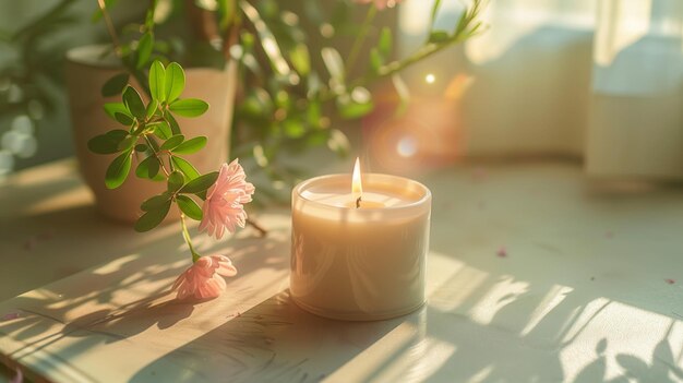 Photo candle placed on table beside flowers and houseplant