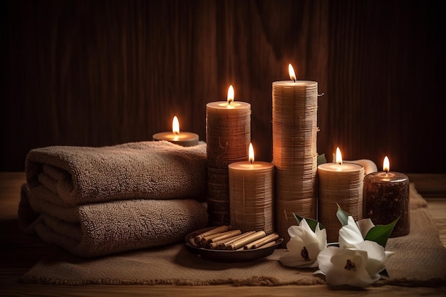 A candle and a plate of candles with a white flower on the right