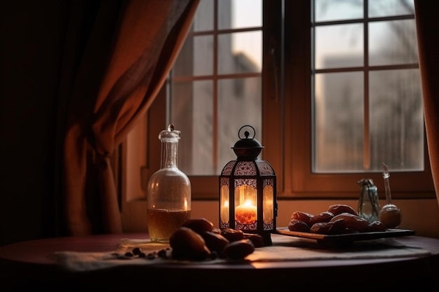 A candle and a plate of food are on a table in front of a window.