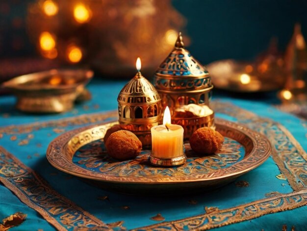 Photo a candle on a plate with a candle on it eid ulfitr