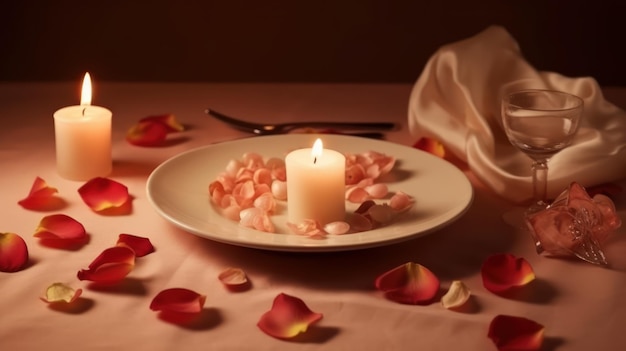 A candle on a plate with petals on it