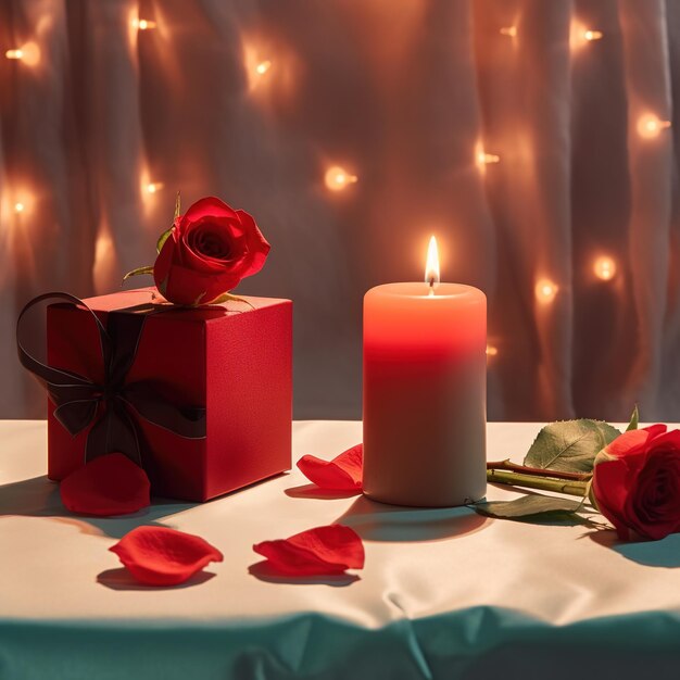 A candle and a red box with roses on it