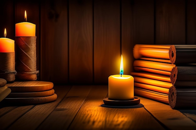 A candle in a room with a stack of books