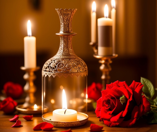 A candle and roses are on a table with a candle in a glass container.